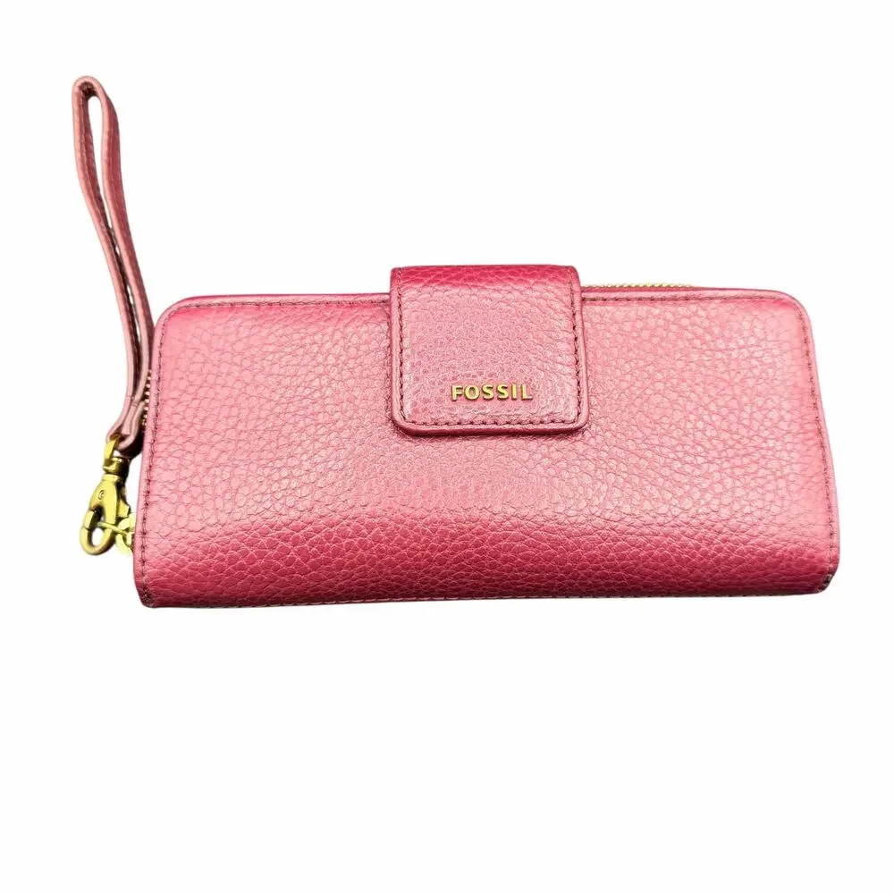 Fossil Leather Zip Around Wristlet Wallet Burgundy RFID